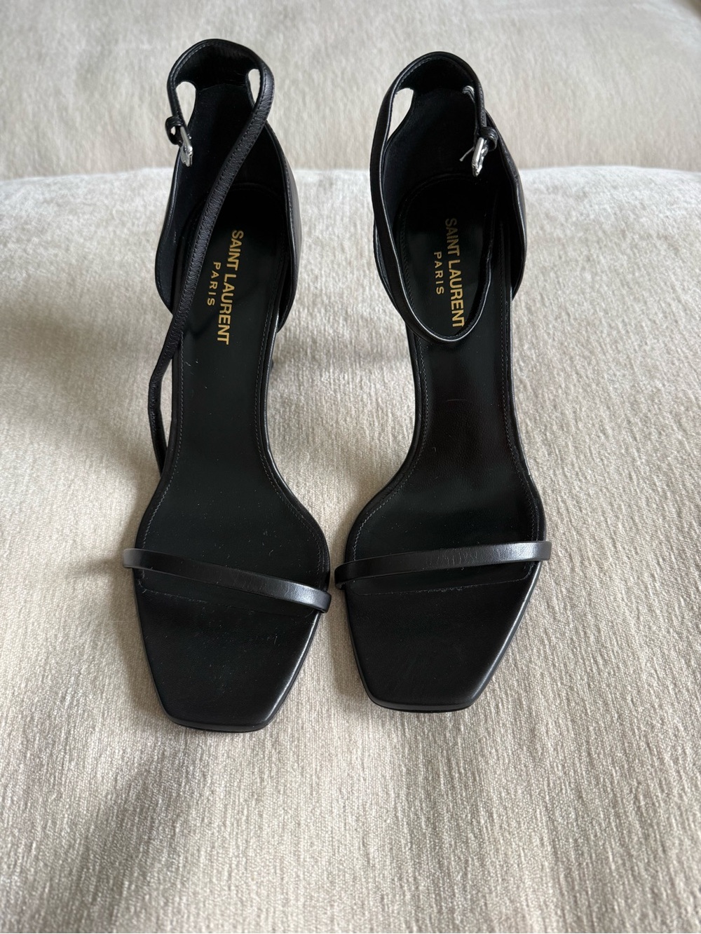 Saint Laurent Black Leather Sandals with Silver YSL Logo Heels - Picture 2 of 8